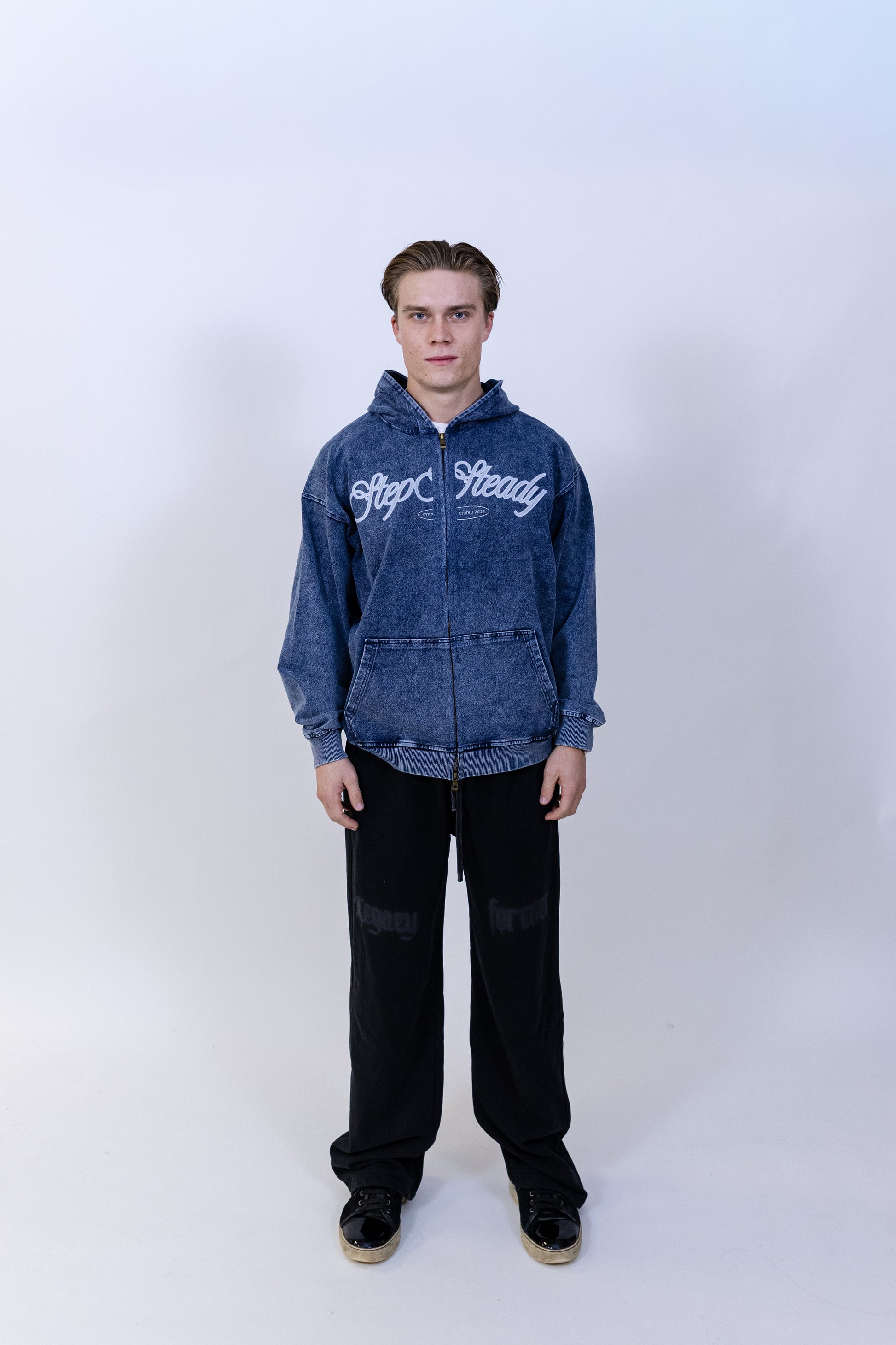“STEP DENIM” Oversized Zip-Up Hoodie